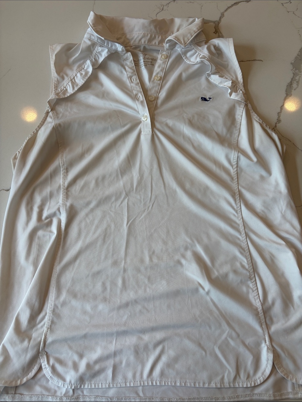 Vineyard Vines White Sleeveless Polo with ruffle details and Navy Whale MEDIUM